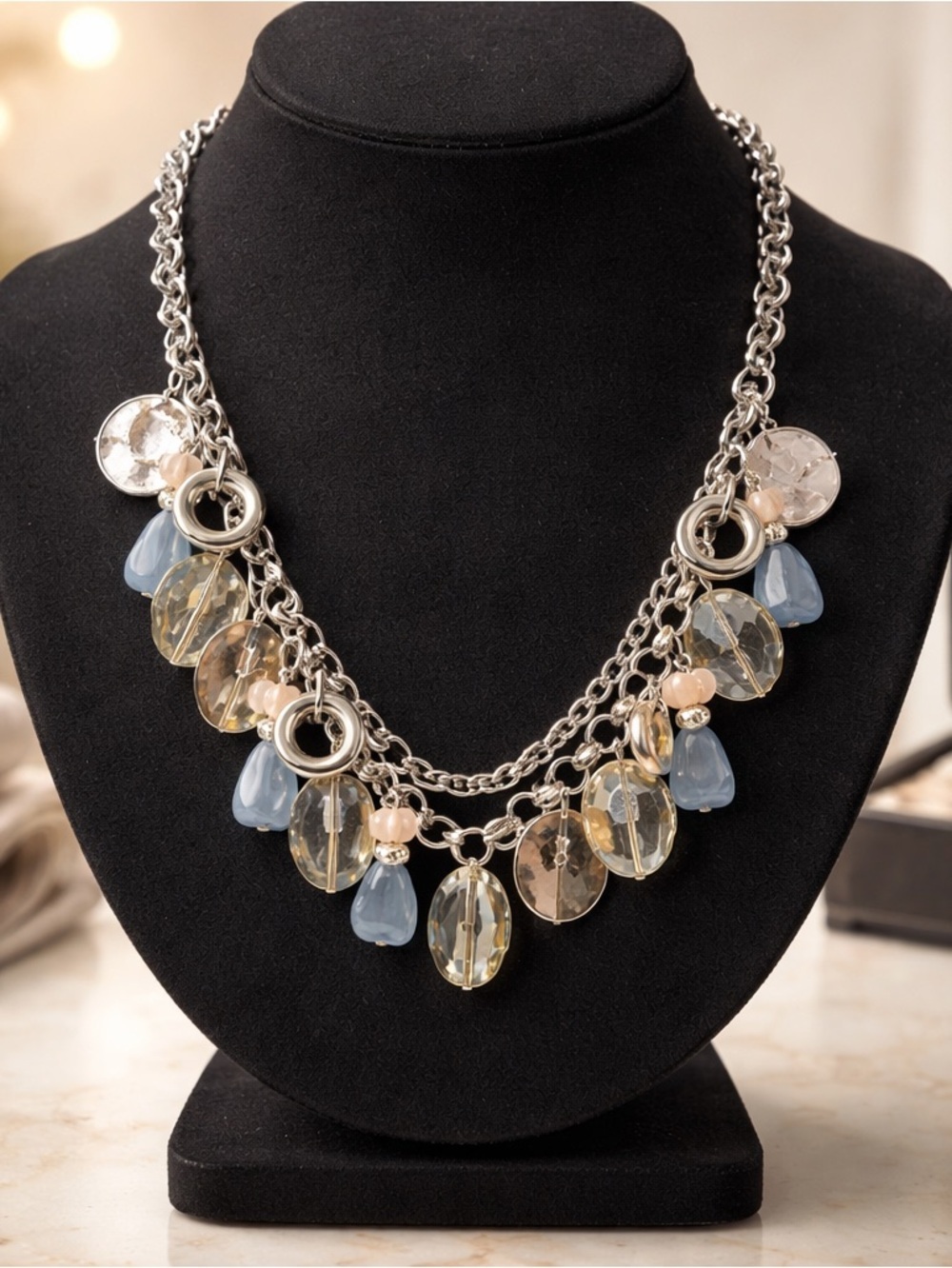 Silver Pale Blue & Champagne Teardrop Statement Necklace
